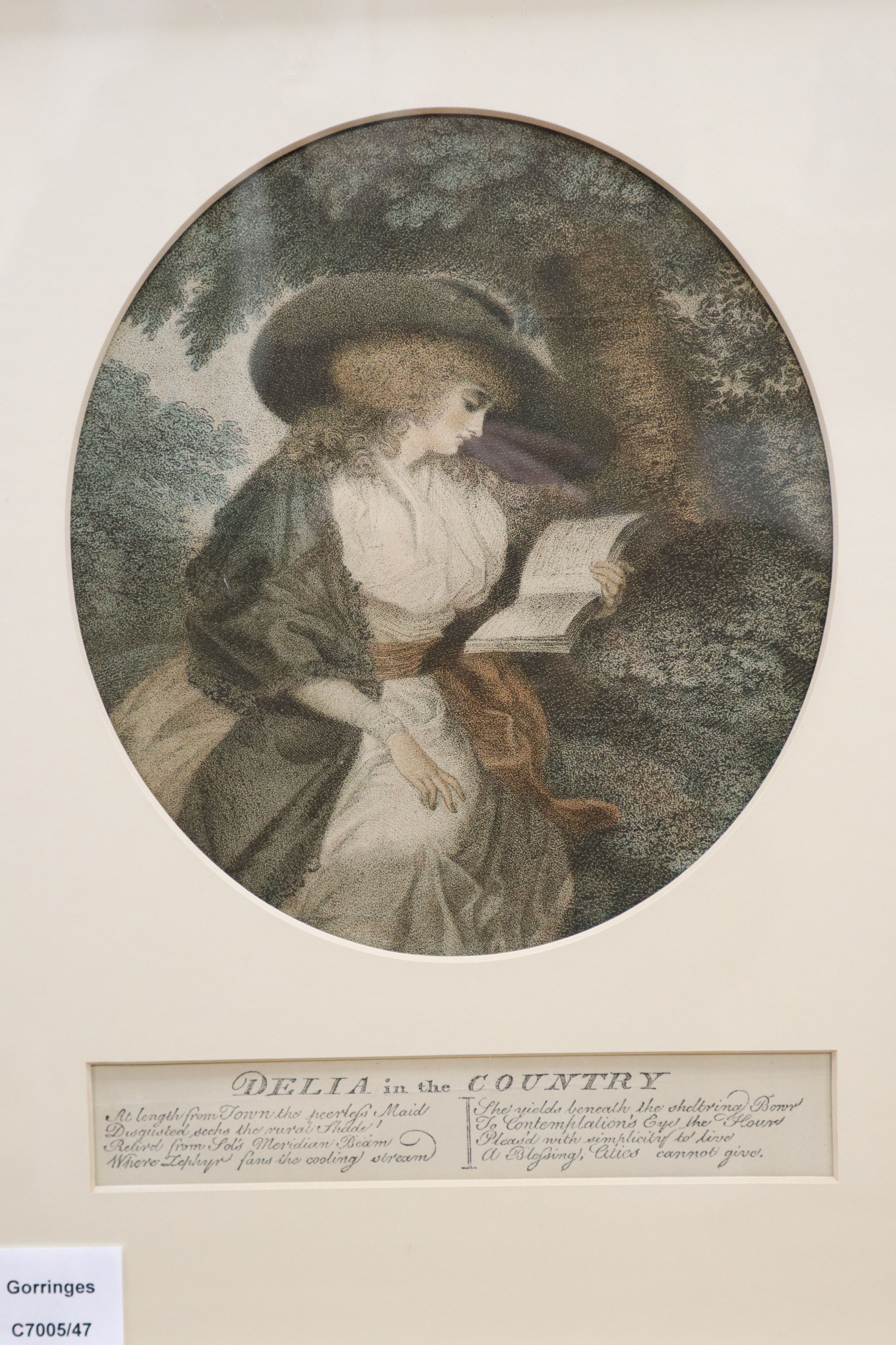 J. R. Smith after George Morland, a pair of late 18th century coloured mezzotints of ladies, Delia in the Country and Delia in the T